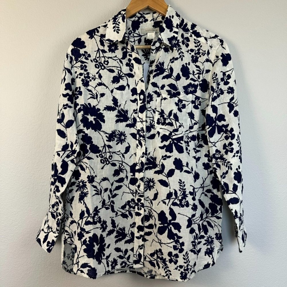 Outerknown Women's Button Up Linen Shirt Floral Long Sleeve‎ White Size XS
